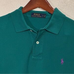 Classic Ralph Lauren Men's Dark Teal Green Blue Polo Shirt with Purple Pony